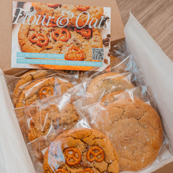 Box of cookies with a 'Flour & Oats' packaging.