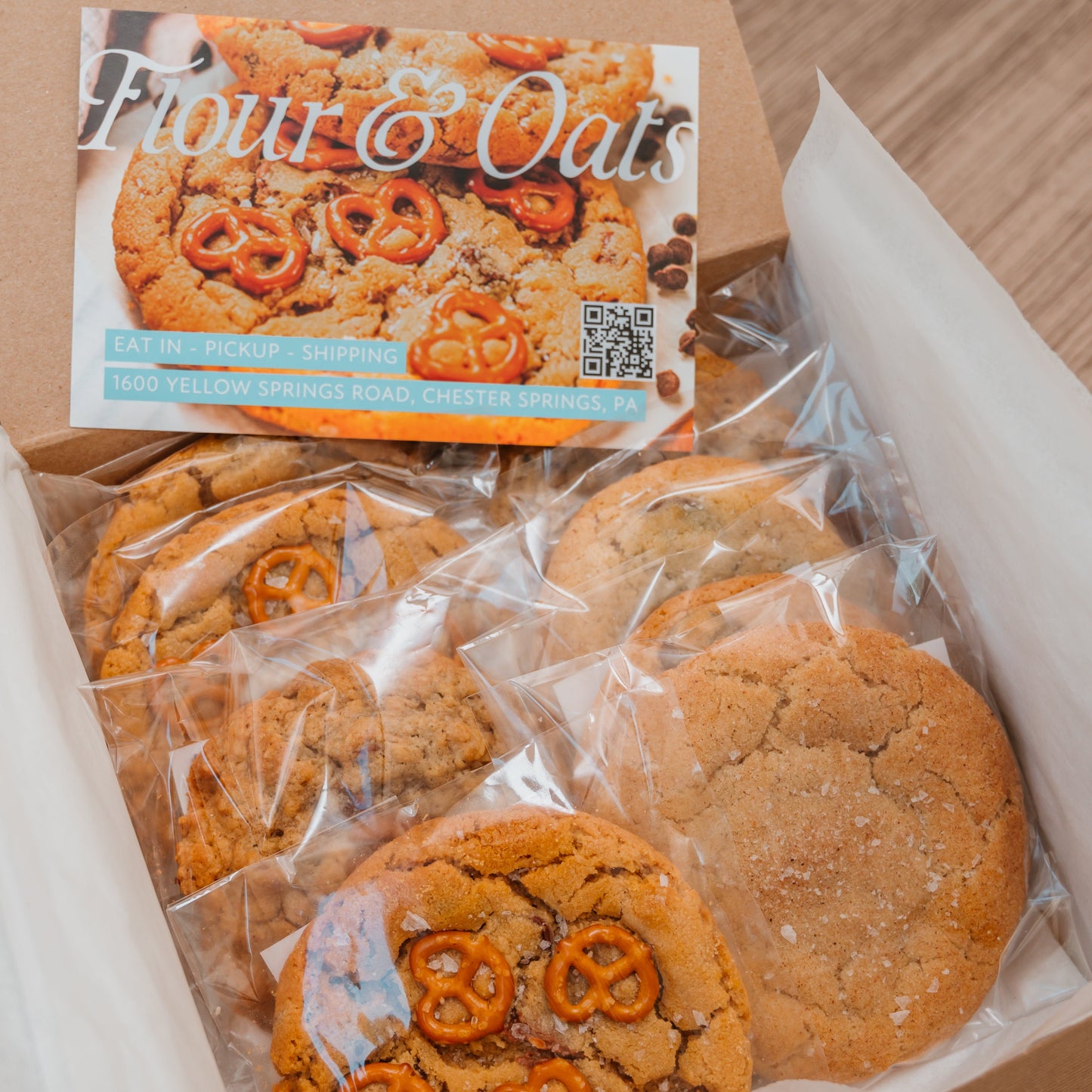 Box of cookies with a 'Flour & Oats' packaging.